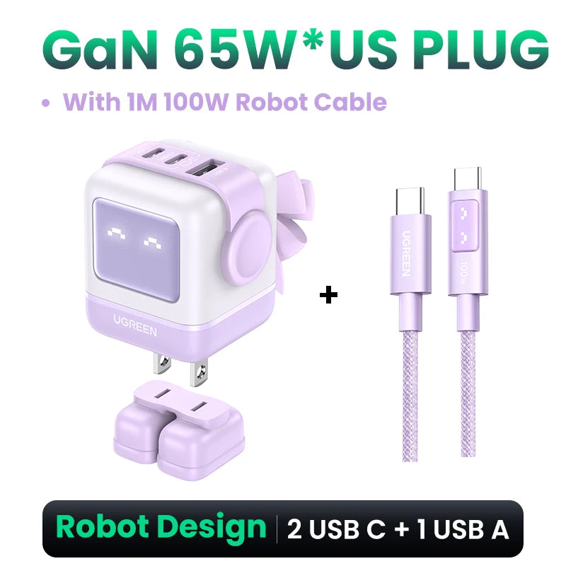 【US Plug】 65W 30W Gan Charger Robot Design PD3.0 Fast Charger QC4.0 3.0 PPS for Iphone 16 15 14 Pro Macbook Laptop Tablets