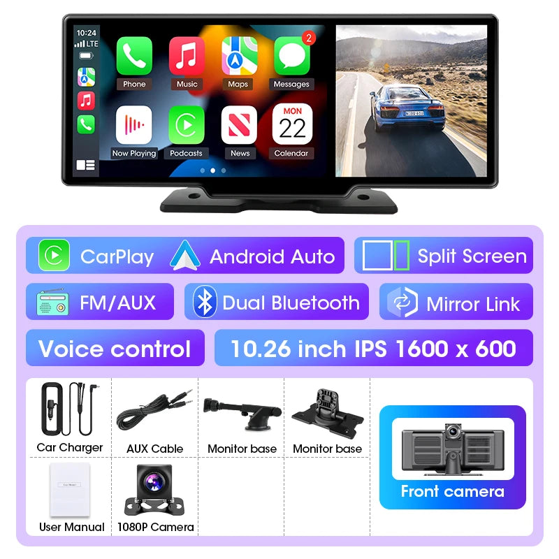 10/11.26 Inch Dash Cam 4K Car DVR Wireless Carplay & Android Auto GPS Navigation Video Recorder Dashboard Dual Lens Wifi FM AUX