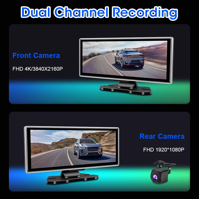 10/11.26 Inch Dash Cam 4K Car DVR Wireless Carplay & Android Auto GPS Navigation Video Recorder Dashboard Dual Lens Wifi FM AUX