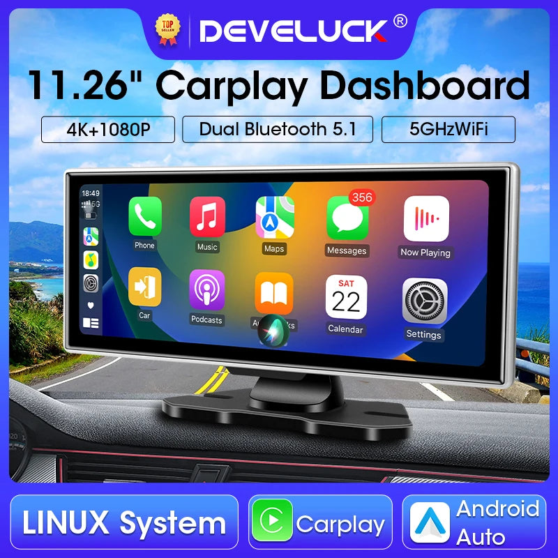 11.26 Inch Car DVR 4K Dash Cam Dual Lens Wireless Carplay & Android Auto Video Recorder Monitor GPS Navigation 5G Wifi FM AUX