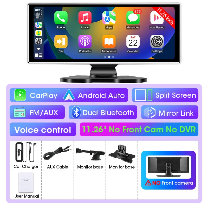 11.26 Inch Car DVR 4K Dash Cam Dual Lens Wireless Carplay & Android Auto Video Recorder Monitor GPS Navigation 5G Wifi FM AUX