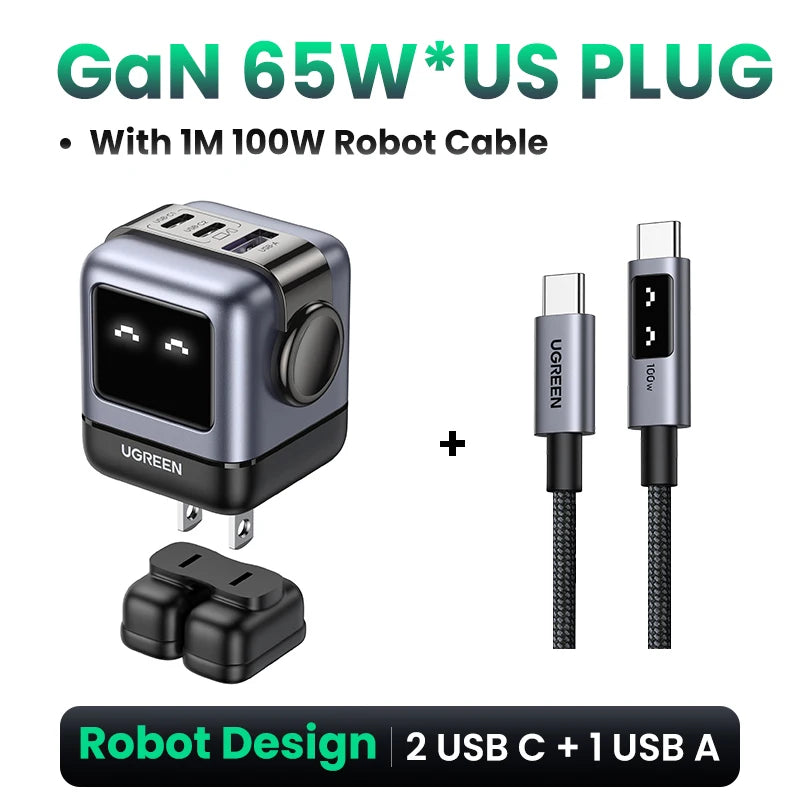 【US Plug】 65W 30W Gan Charger Robot Design PD3.0 Fast Charger QC4.0 3.0 PPS for Iphone 16 15 14 Pro Macbook Laptop Tablets