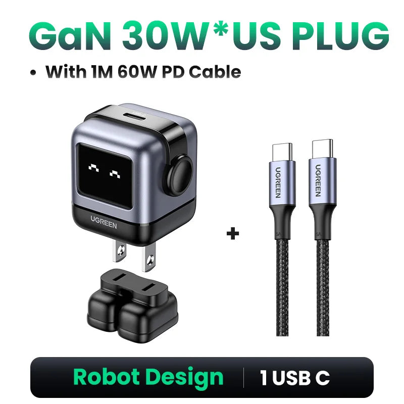 【US Plug】 65W 30W Gan Charger Robot Design PD3.0 Fast Charger QC4.0 3.0 PPS for Iphone 16 15 14 Pro Macbook Laptop Tablets