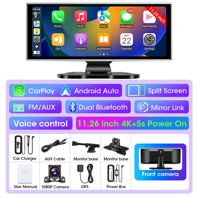 11.26 Inch Car DVR 4K Dash Cam Dual Lens Wireless Carplay & Android Auto Video Recorder Monitor GPS Navigation 5G Wifi FM AUX