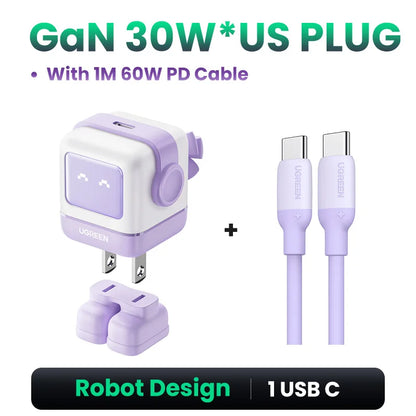 【US Plug】 65W 30W Gan Charger Robot Design PD3.0 Fast Charger QC4.0 3.0 PPS for Iphone 16 15 14 Pro Macbook Laptop Tablets