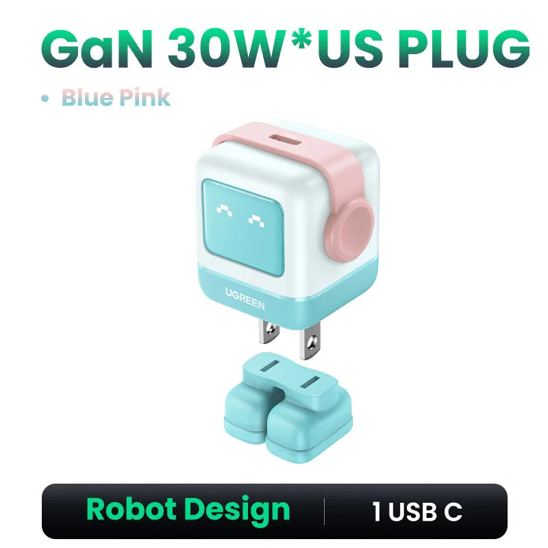 【US Plug】 65W 30W Gan Charger Robot Design PD3.0 Fast Charger QC4.0 3.0 PPS for Iphone 16 15 14 Pro Macbook Laptop Tablets