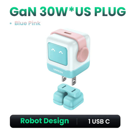 【US Plug】 65W 30W Gan Charger Robot Design PD3.0 Fast Charger QC4.0 3.0 PPS for Iphone 16 15 14 Pro Macbook Laptop Tablets