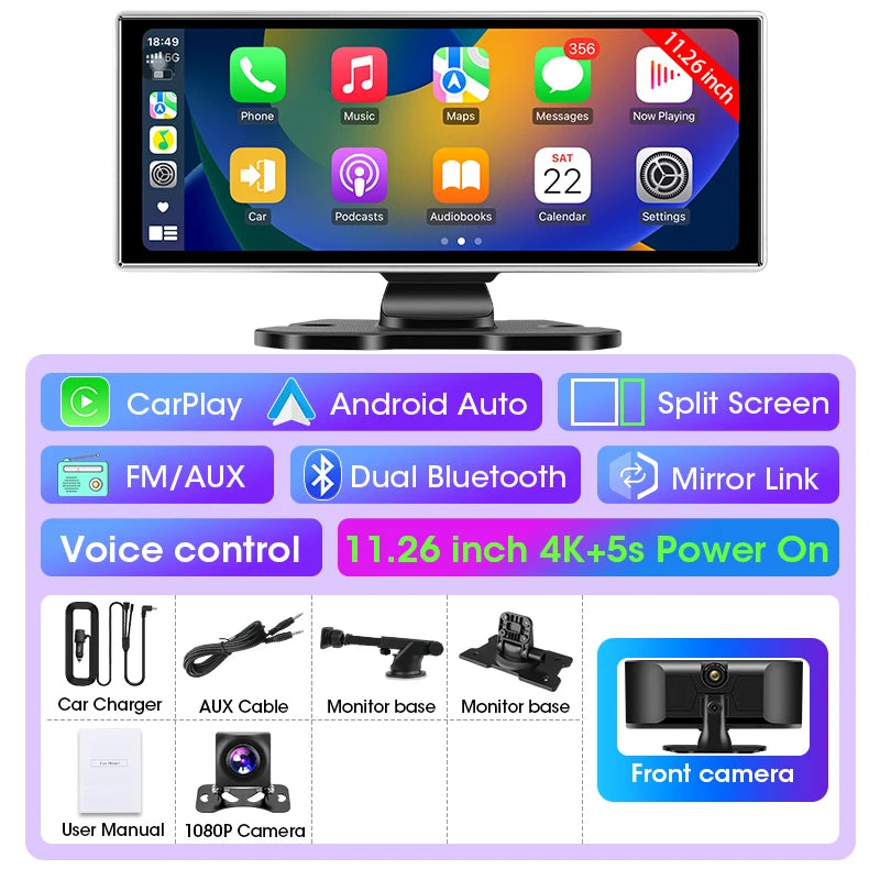 11.26 Inch Car DVR 4K Dash Cam Dual Lens Wireless Carplay & Android Auto Video Recorder Monitor GPS Navigation 5G Wifi FM AUX