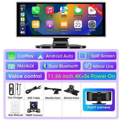 11.26 Inch Car DVR 4K Dash Cam Dual Lens Wireless Carplay & Android Auto Video Recorder Monitor GPS Navigation 5G Wifi FM AUX