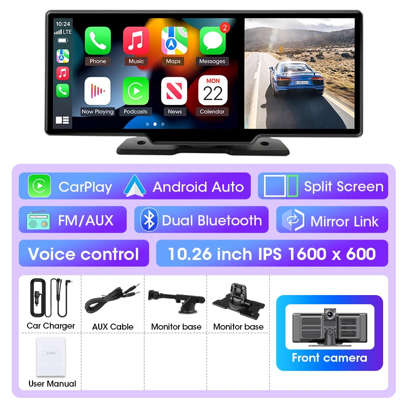 10/11.26 Inch Dash Cam 4K Car DVR Wireless Carplay & Android Auto GPS Navigation Video Recorder Dashboard Dual Lens Wifi FM AUX